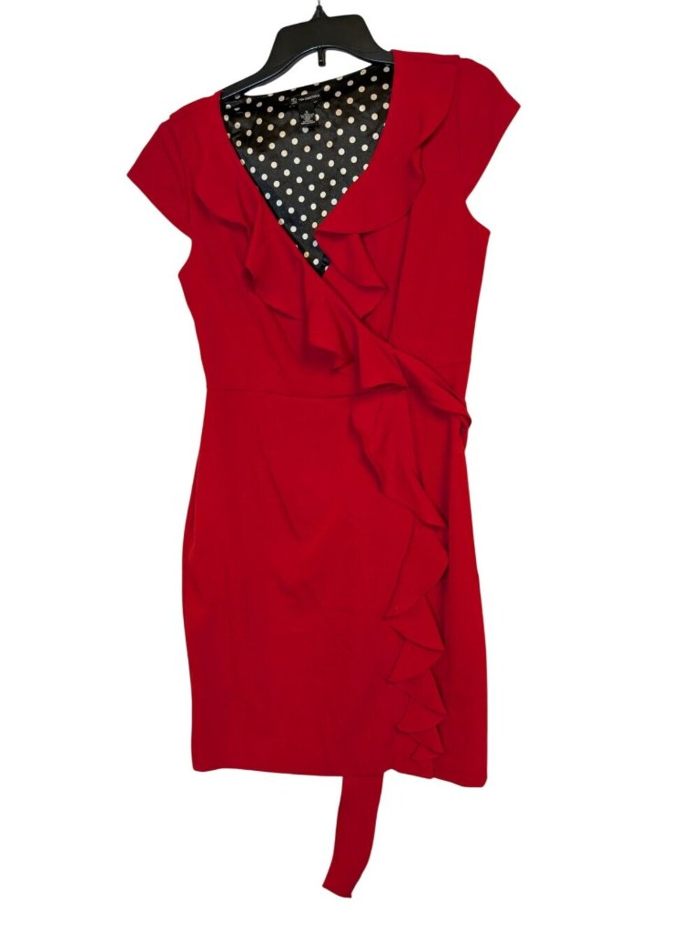 New Directions Red Ruffle Wrap Dress With Polka Dot Lining Size 6 Cap Sleeves